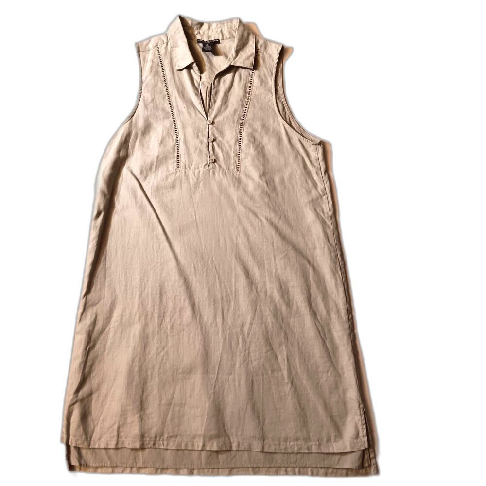 Linen Dress Womens M Beige A-line Sleeveless Boho Cottage Summer Beach Coastal